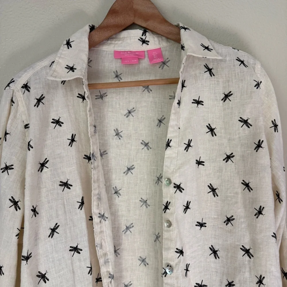 Isaac Mizrahi Linen Shirt with Black Dragonfly Pattern